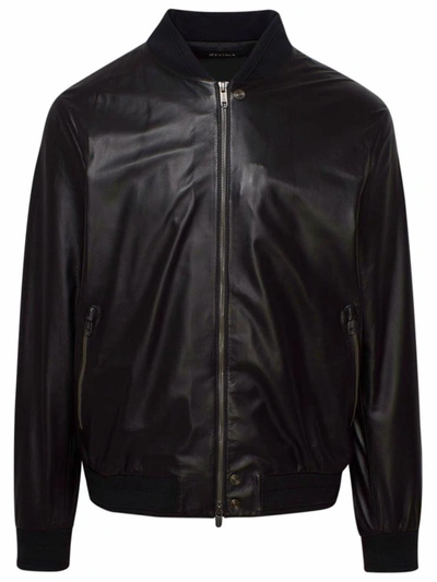 Z Zegna Leather Bomber Jacket In Black | ModeSens