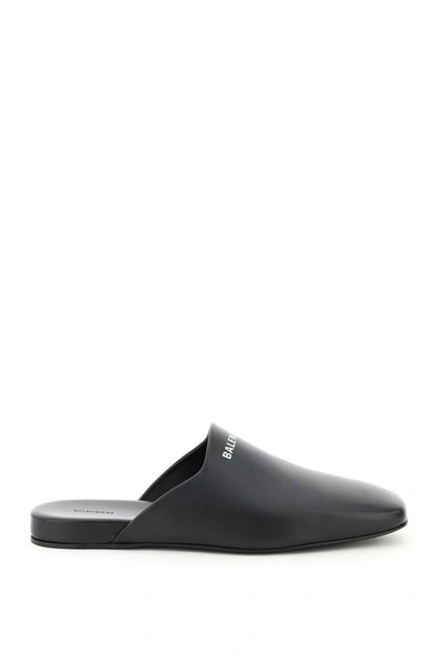 Shop Balenciaga Cosy Leather Mules With Logo Print In Black White