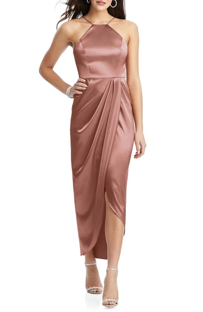 Shop After Six Bow Halter Neck Stretch Satin Gown In Desert Rose