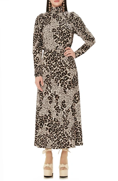 Shop Afrm Poppy Cutout Back Long Sleeve Maxi Dress In Leopard Patchwork