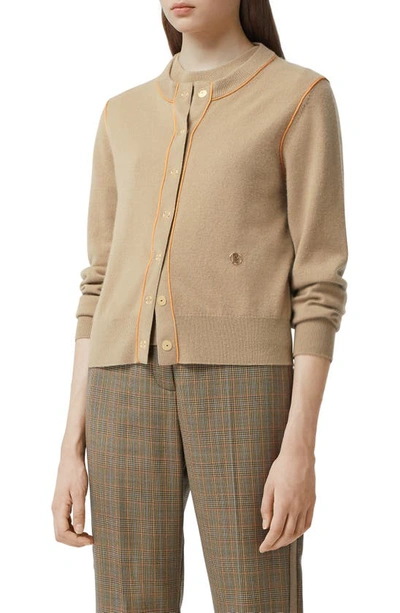 Shop Burberry Janice Tb Monogram Piped Cashmere Cardigan In Archive Beige