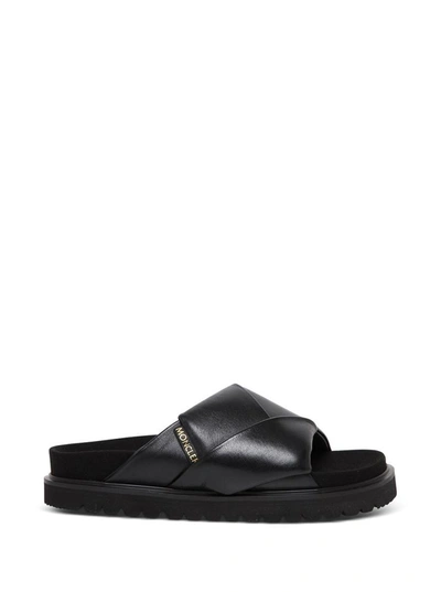 Shop Moncler Black Woven Leather Sandals
