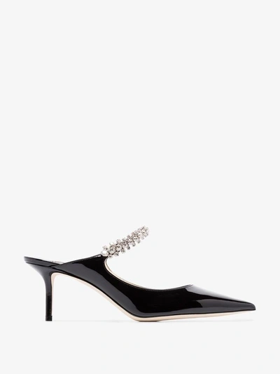 Shop Jimmy Choo Black Patent Leather Mules With Crystal Strap
