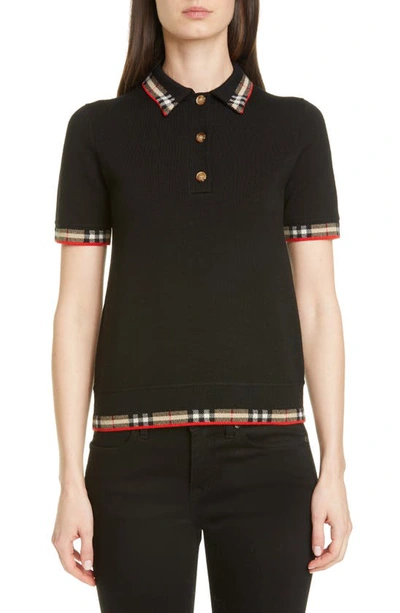 Shop Burberry Lola Check Trim Merino Wool Blend Polo Sweater In Black