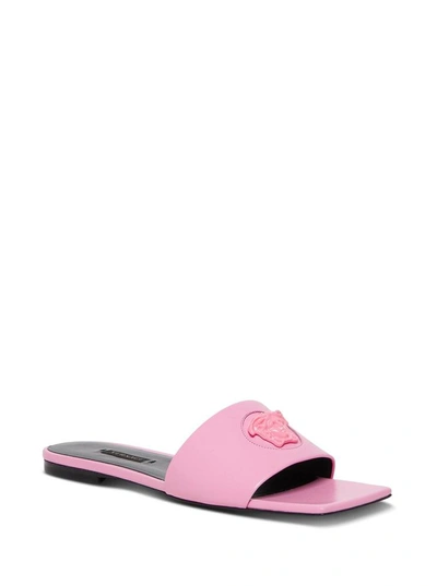 Shop Versace Pink Leather Mules With Medusa Logo