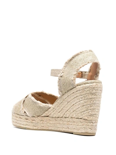 Shop Castaã±er Beige Canvas Wedge Sandals In Metallic