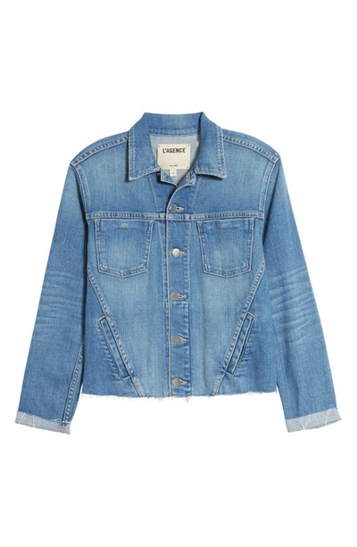 L Agence Janelle Cropped Frayed Stretch-denim Jacket In Pomona
