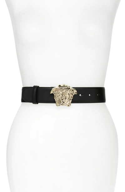 Shop Versace Palazzo Medusa Buckle Leather Belt In Nero/ Gold