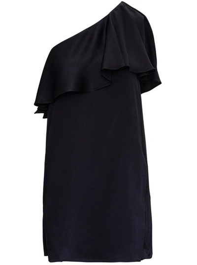 Shop Saint Laurent One Shoulder Silk Satin Dress With Ruffles In Black