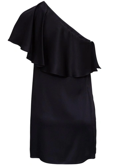 Shop Saint Laurent One Shoulder Silk Satin Dress With Ruffles In Black