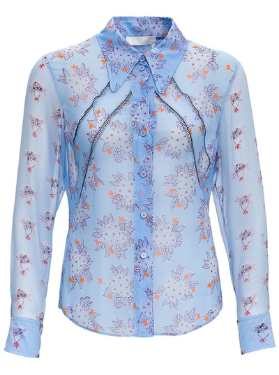 Shop Chloé Floral Silk Shirt In Light Blue