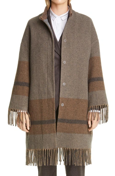 Shop Fabiana Filippi Fringe Hem Wool Blend Coat In Ombra/ Brown