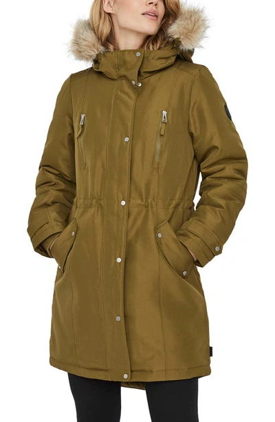 Shop Vero Moda Expedition Track Parka With Faux Fur Trim Hood In Fir Green
