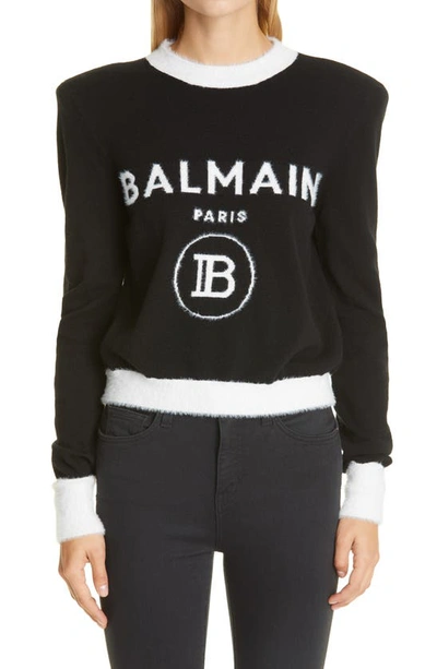 Shop Balmain Intarsia Logo Crop Sweater In Noir/ Blanc