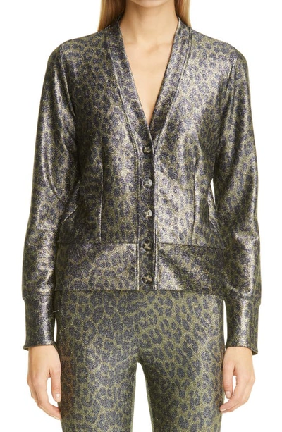 Shop Ganni Leopard Metallic Jersey Cardigan In Olive Drab