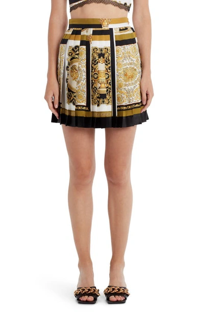 Shop Versace Barocco Mosaic Print Pleated Silk Miniskirt In White Gold Kaki