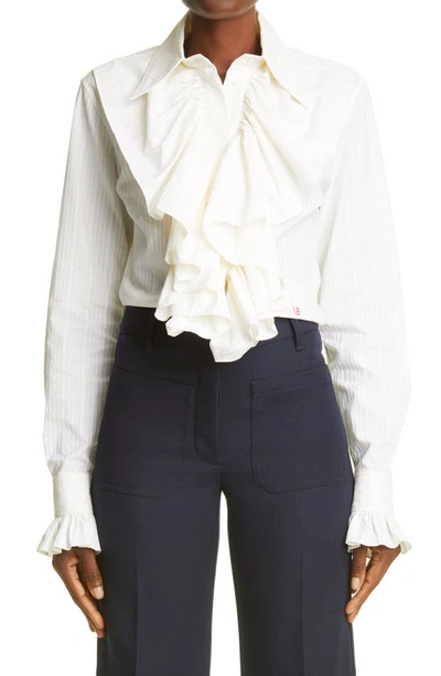 Shop Victoria Beckham Ruffle Front Texture Stripe Blouse In Off White