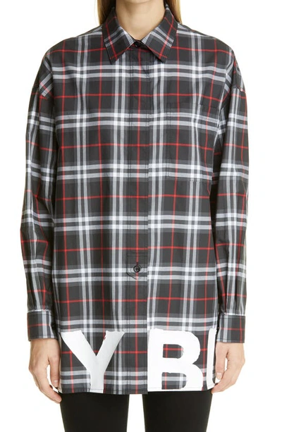 Shop Burberry Bridgette Logo Print Check Oversize Poplin Shirt In Black Ip Chk