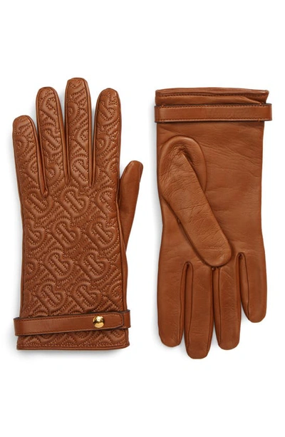 Shop Burberry Tb Monogram Quilted Cashmere Lined Leather Gloves In Brown