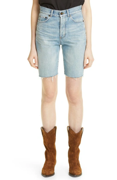 Shop Saint Laurent Cutoff Denim Shorts In 4986 Light Winter Blue