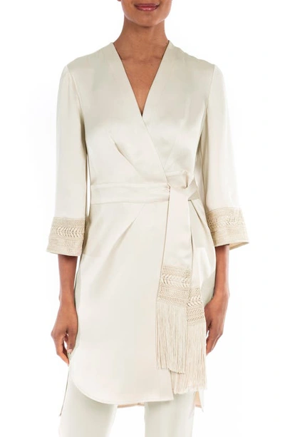 Shop Badgley Mischka Fringe Tie Satin Duster In Ivory