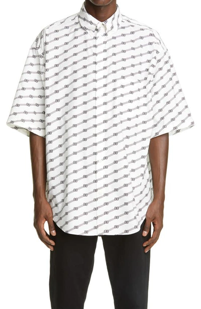 Shop Balenciaga Logo Stripe Oversize Button-down Shirt In White/ Black