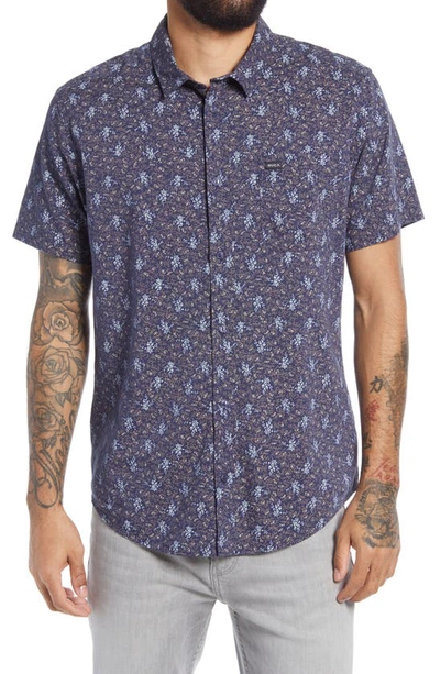 Shop Rvca Monkberry Floral Print Short Sleeve Button-up Shirt In Moody Blue