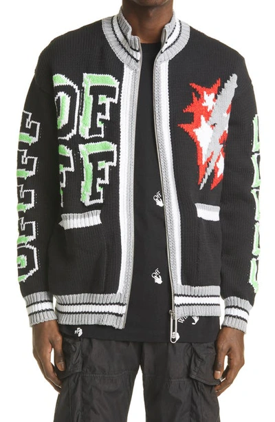 Shop Off-white Intarsia Logo Knit Bomber Jacket In Black Multi