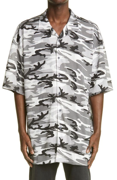 Shop Balenciaga Camo Print Short Sleeve Mesh Button-up Shirt In Grey
