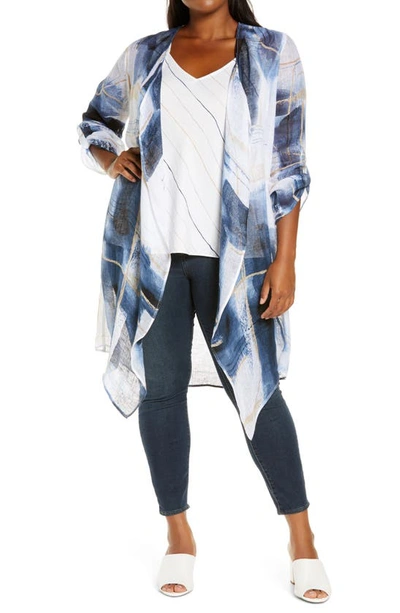 Shop Nic + Zoe Abstract Grid Linen Jacket In Blue Multi