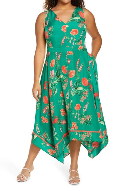 Shop Vince Camuto Floral Handkerchief Hem Sleeveless Midi Dress In Green Multi