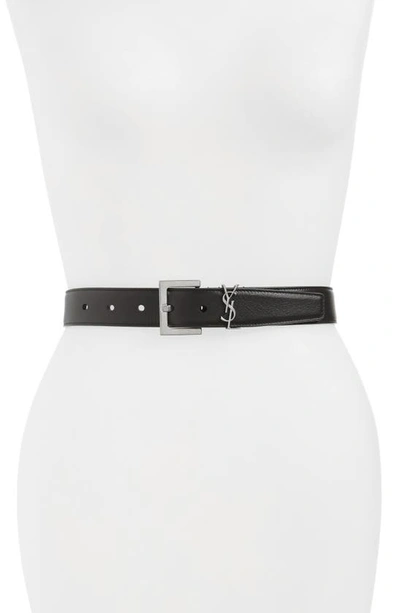 Shop Saint Laurent Ysl Logo Leather Belt In Black/ Silver