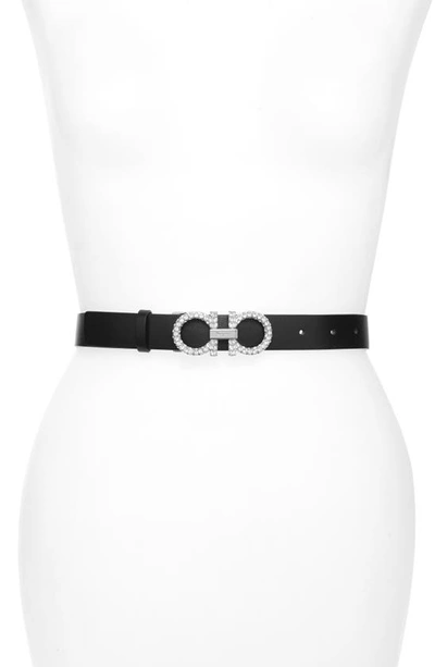 Shop Ferragamo Double Gancio Crystal Buckle Leather Belt In Nero