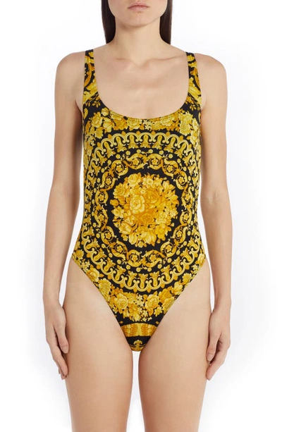 Shop Versace Barocco Print One-piece Swimsuit In Black/ Gold