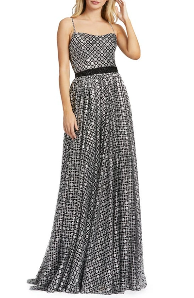 Shop Mac Duggal A-line Metallic Lattice Gown In Black/ Silver