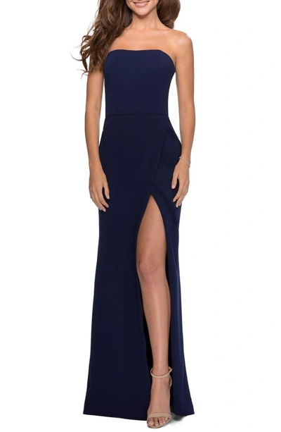 Shop La Femme Strapless Double Cross Back Gown In Navy