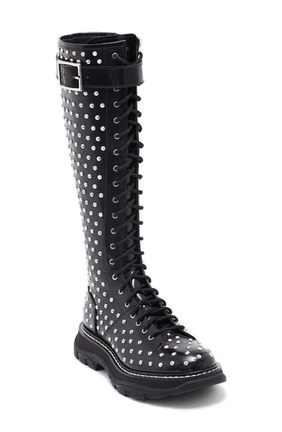 Shop Alexander Mcqueen Studded Lace-up Knee High Boot In Black/ Silver