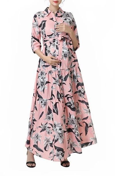 Shop Kimi And Kai Cora Floral Belted Maternity/nursing Maxi Dress In Pink
