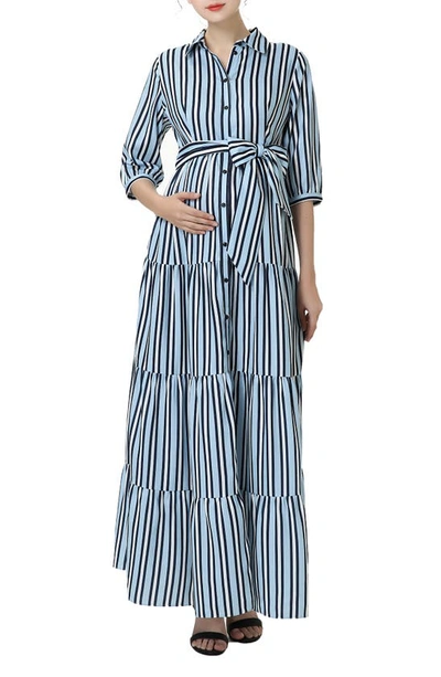 Shop Kimi And Kai Ruby Stripe Belted Maternity/nursing Maxi Dress In Blue