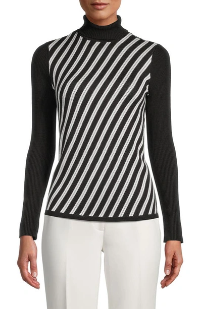 Shop Anne Klein Bias Stripe Turtleneck Sweater In Anne Black/ Anne White Combo