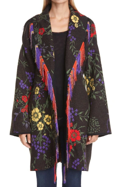 Shop Fuzzi Floral Jacquard Belted Long Wool Cardigan In Nero