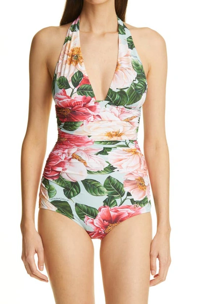 Shop Dolce & Gabbana Halter Neck One-piece Swimsuit In Aqua Camellia