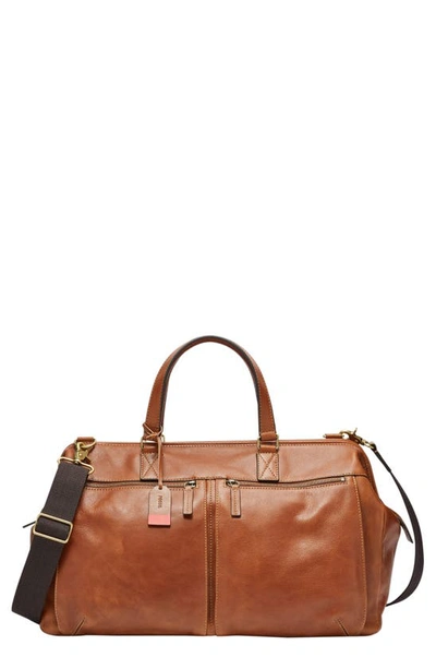 Shop Fossil Defender Leather Duffle Bag In Cognac