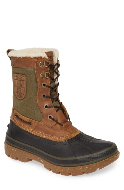 Shop Sperry Ice Bay Tall Waterproof Snow Boot In Brown/ Olive