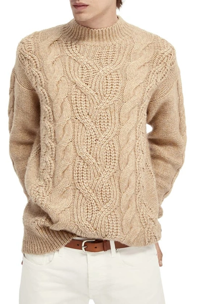 Shop Scotch & Soda Mock Neck Cable Knit Sweater In Camel Melange