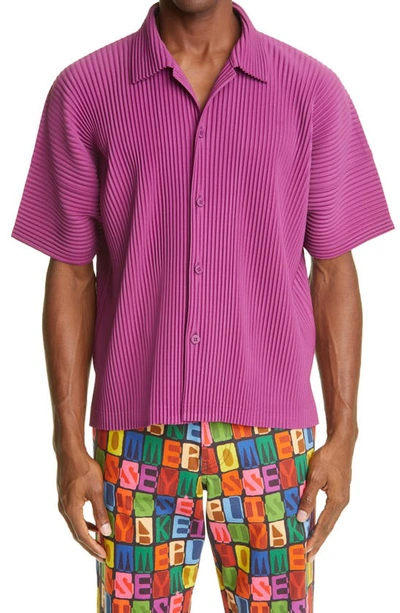 Shop Issey Miyake Home Plisse  Pleated Short Sleeve Button-up Shirt In Magenta
