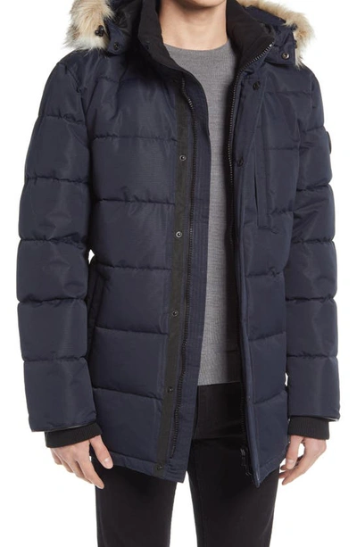 Shop Noize Quilted Parka With Removable Faux Fur Trimmed Hood In Navy