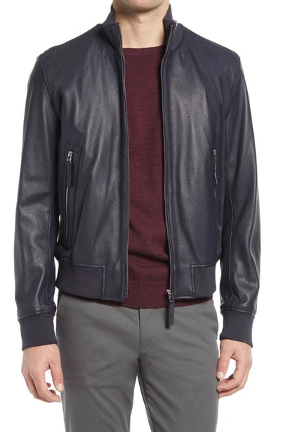 Shop Hugo Boss Neovel Leather Jacket In Dark Blue