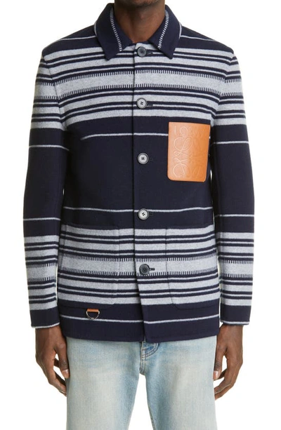 Shop Loewe Stripe Wool & Cashmere Blend Workwear Jacket In Navy Blue