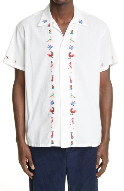 Shop Bode Cross Stitch Bird Cotton Camp Shirt In White Multi